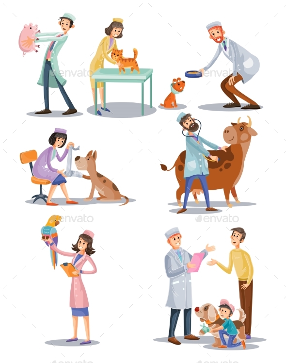 Vector Set of Professional Vet Doctors, Animals
