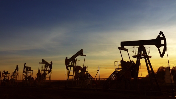 Many Working Oil Pumps Silhouette Against Sunset