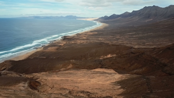 Flight Over Desert Beach on Fuerteventura Island, Spain