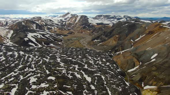 Aerial panorama of Landmannalaugar region in the Highlands of Iceland