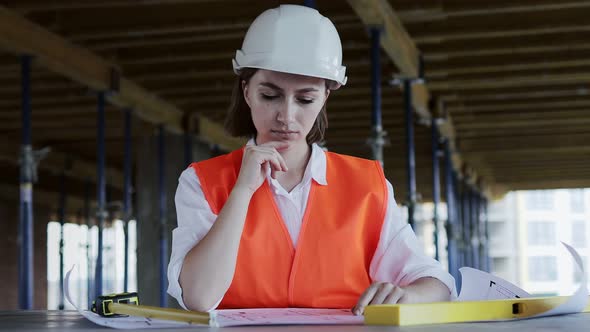 Architect working, browsing building project indoor of construction site with blueprint plan