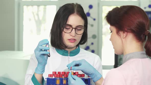 Attractive Female Chemist and Her Assistant Working with Test Tubes