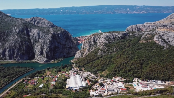 Flying Over Omis Town, Dalmatian Coast, Croatia