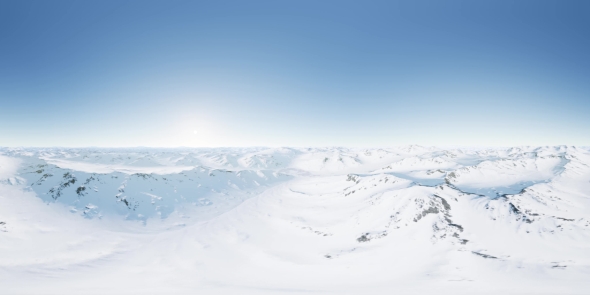 VR 360 Camera Moving Above Polar Snow Rocky Mountains Ridges alt
