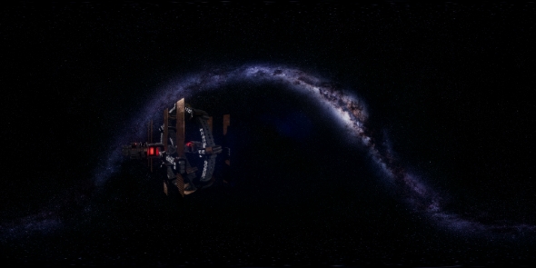 VR 360 Futuristic Spaceship Flying in Space with Mily Way alt