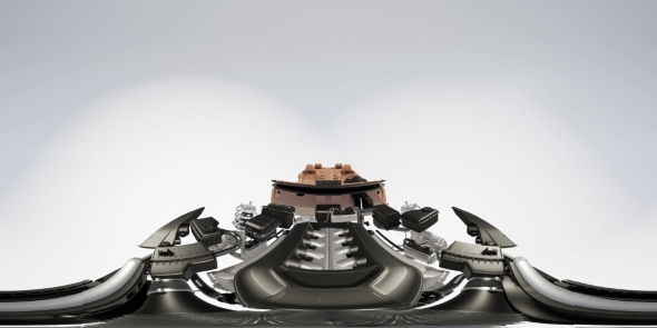 VR 360 Camera Moving Above Detailed Car Engine and Other Parts or the Car alt