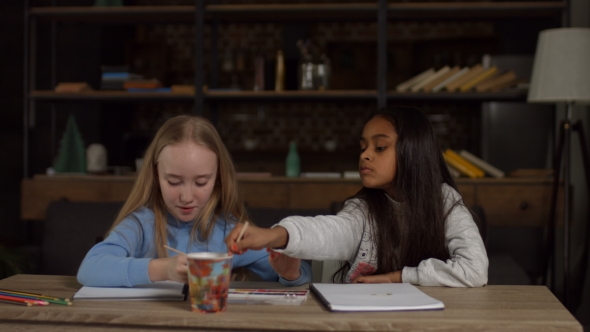 Kids Painting with Paintbrushes and Watercolors alt