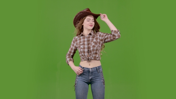 Cowgirl Dancing the Wind Waving Her Hair Around. Green Screen.