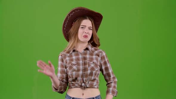 Cowboy Style Girl Closes Her Nose, Smells Unpleasant Around Her. Green Screen