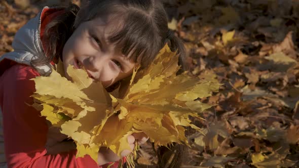 Kid in Warm Autumn Forest.