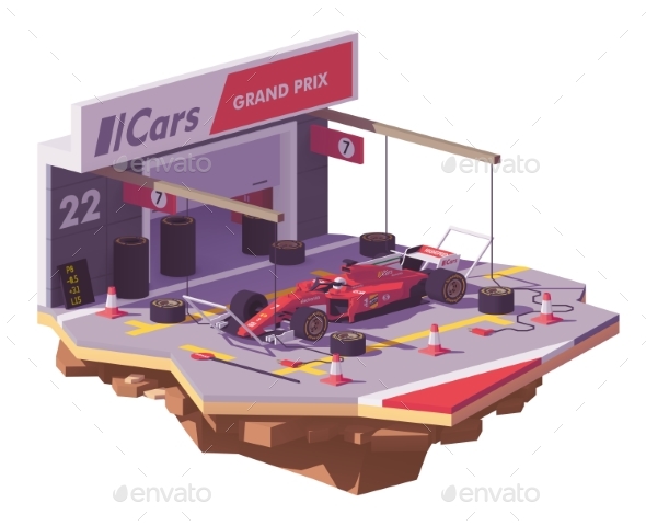 Vector Low Poly Racing Car and Pit Stop