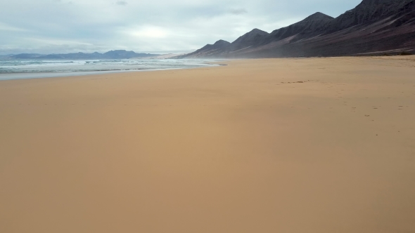 Flight Over Desert Beach on Fuerteventura Island, Spain