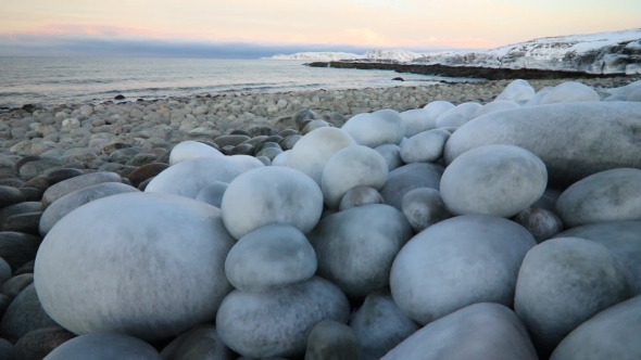 The Icy Shore of the Barents Sea in Severe Frost