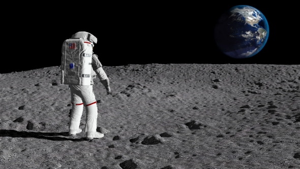 Astronaut Walking on the Moon and Admiring the Beautiful Earth