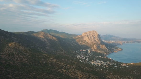 Aerial Shot of Amazing Mountains and Rocks on a Seashore Karaul-oba Mountain in Crimea