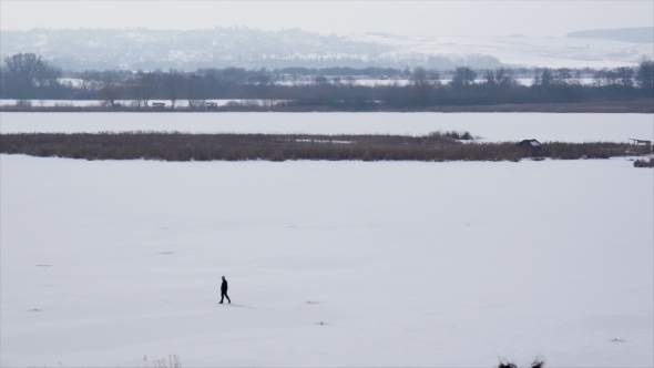 Winter Lake Landscape, Man Walk on Ice