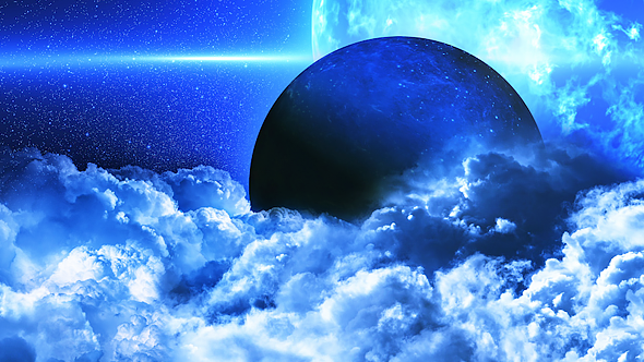 Abstract Blue Clouds in Space and Planet with the Big Blue Star on Background alt