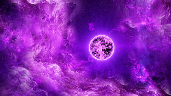 Flying Through Abstract Purple Space Nebula to the Big Purple Star alt