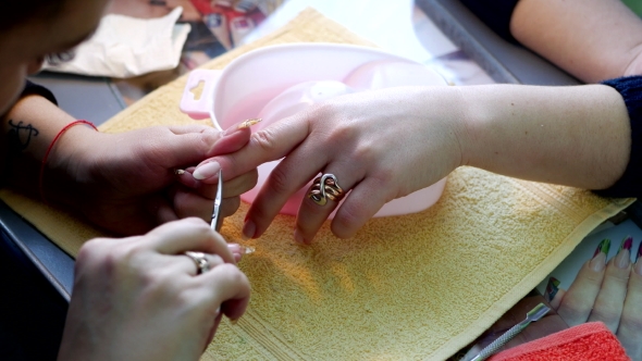 Manicure. Master Applies Varnish Drawing on Nails Gel in Spa