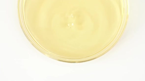 Slow Motion of Transparent Yellow Cosmetic Fluid Dripping Into the Glass Petri Dish