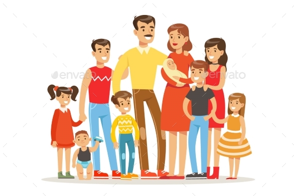 Happy Big Caucasian Family With Many Children