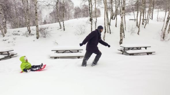 Father Pulling Red Bobsled on Snowy Field with child.Dad, Son or Daughter