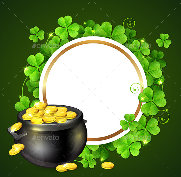 Pot of Gold and Green Clover Leaves