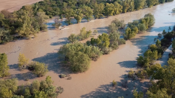 Aerial Spring River Flood in Forest