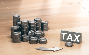 row pointing a single coin with the word tax. Financial advisory and tax planning concept. 3d illustration.