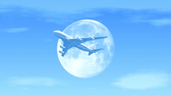 Passenger Airplane Flying over Moon in the Afternoon