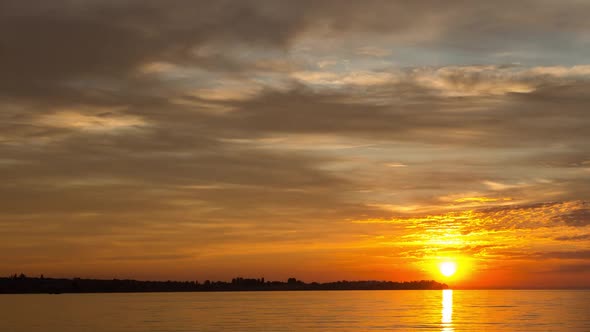 Orange Sunrise Early In The Morning. Romantic Sunrise. Dramatic Sunrise In Summer By The River