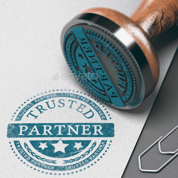 nd with rubber stamp. Concept of trust in business and partnership. 3D illustration