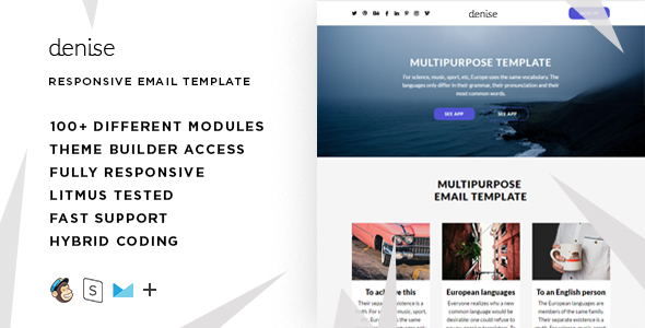 Denise – 100+ Responsive Modules + StampReady, MailChimp & CampaignMonitor compatible files