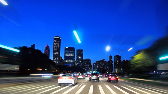 Downtown Chicago at Sunset Driving