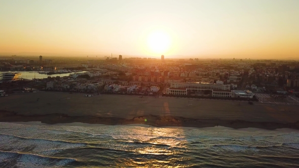 Views From Drone During Sunset on Beach Malvarrosa in Valencia