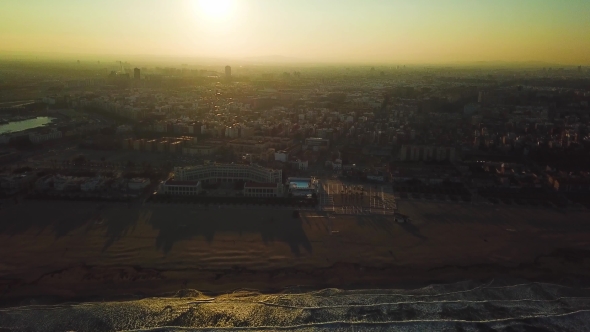 Views From Drone During Sunset on Beach Malvarrosa in Valencia