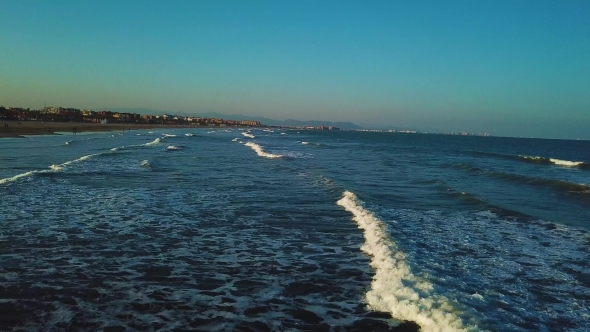 Views From Drone During Sunset on Beach Malvarrosa in Valencia