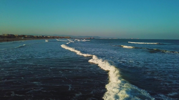 Views From Drone During Sunset on Beach Malvarrosa in Valencia