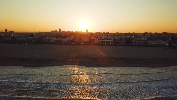 Views From Drone During Sunset on Beach Malvarrosa in Valencia