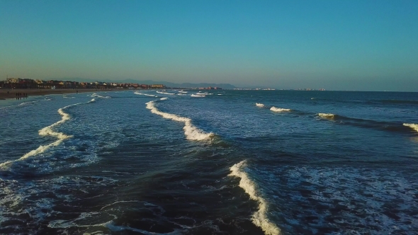 Views From Drone During Sunset on Beach Malvarrosa in Valencia