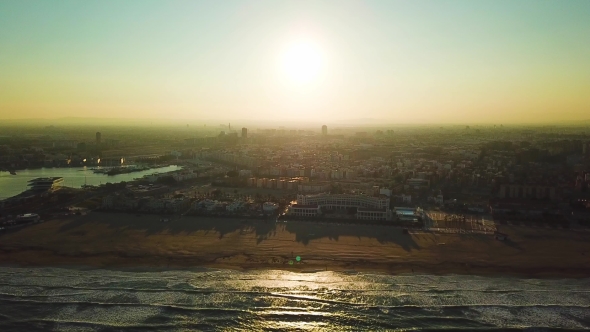 Views From Drone During Sunset on Beach Malvarrosa in Valencia