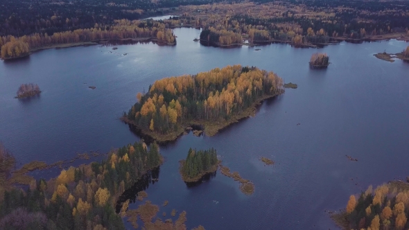 Woody Island on a Blue Lake in the Middle of Autumn Forest. Aerial Shot