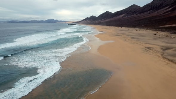 Flight Over Desert Beach on Fuerteventura Island, Spain