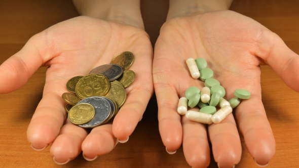 Women with Money and Pills in Hands Offering You Choose for Health