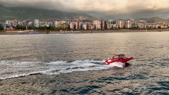 Sports boat sails fast on the sea aerial view 4 K