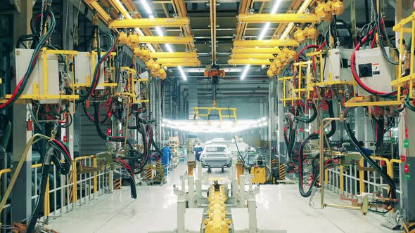 Modern Vehicle Body Assembly Line at a Car Factory