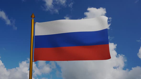 National flag of the Russian Federation waving with flagpole and blue sky