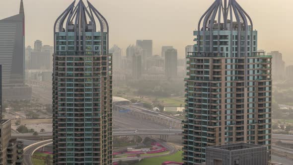 Aerial Top View of Dubai Marina Morning Timelapse