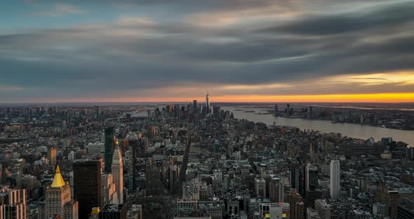 Day to Night Timelapse Sunset Clouds Moving Over Midtown and Lower Manhattan Wide Angle view from Em