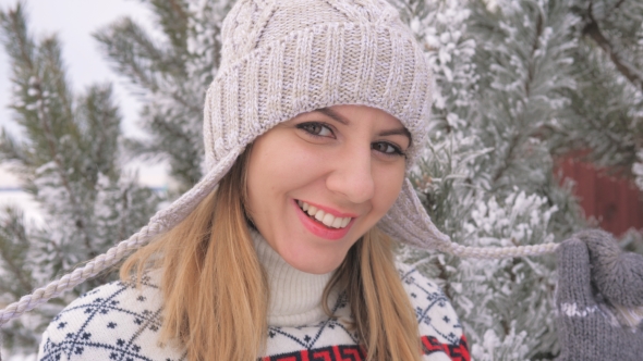 Portrait Cheerful Woman Having Fun In Winter On Snowy Day,